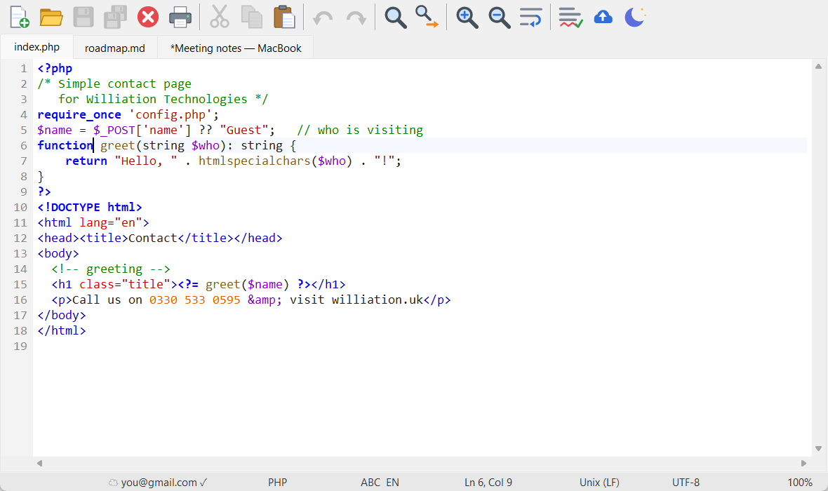 TypersPad showing a PHP file with syntax colouring, a toolbar like Notepad++, and a tab called Meeting notes that came from a MacBook